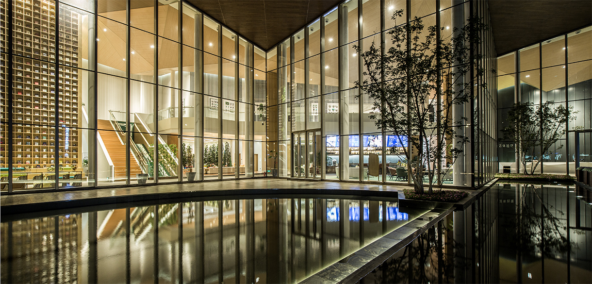 View of the plaza and inside lobby.