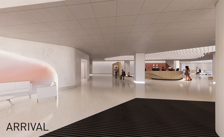 Rendered stages of arrival, orientation, and transition
