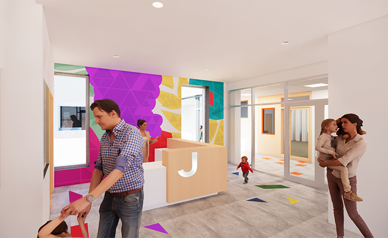 Pops of color and pattern greet the community in the new Early Learning area